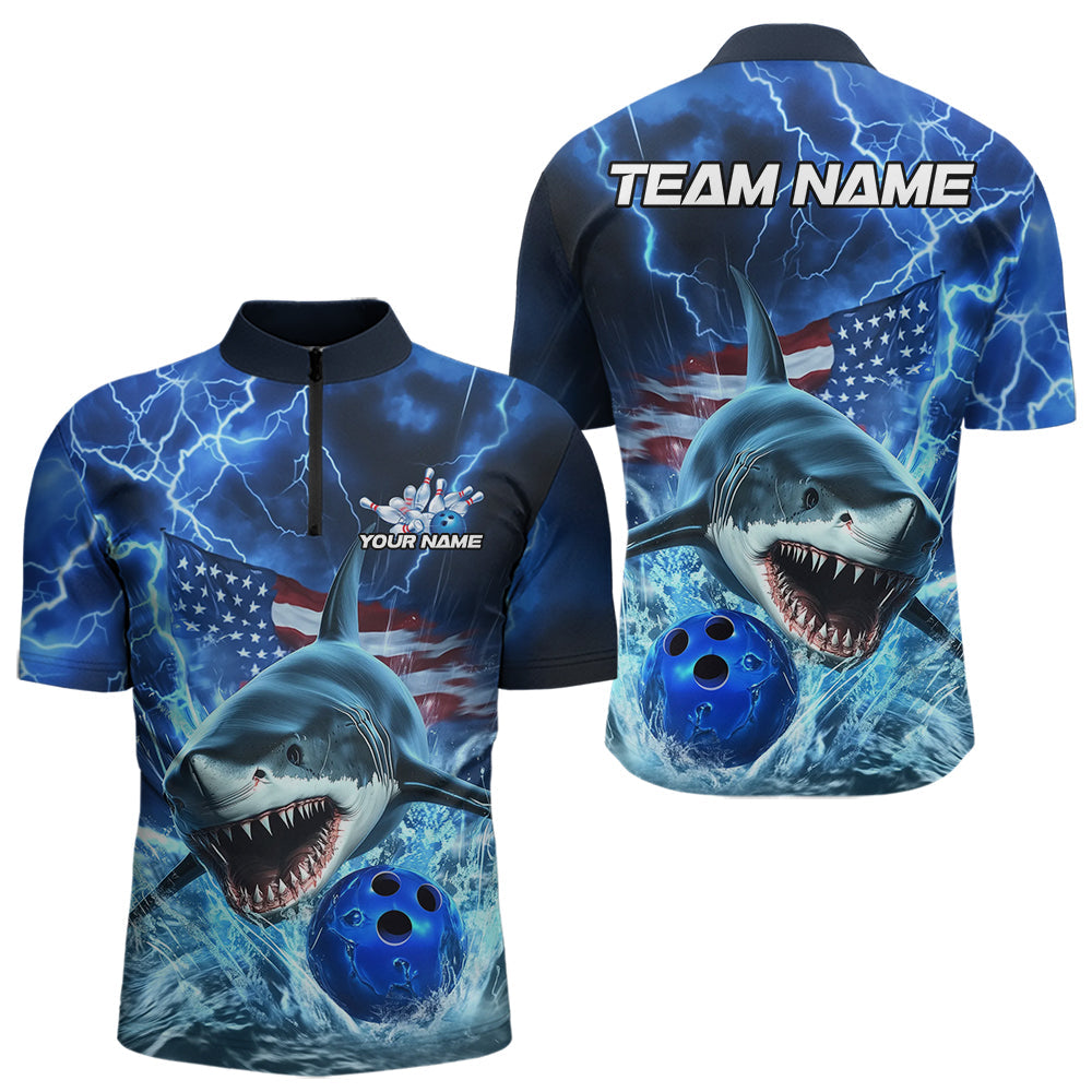 Custom Blue Lightning Patriotic Shark Bowling Team Men Quarter-Zip Shirts, US Flag Bowling Shirt IPHW8943