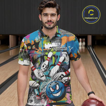 Custom Funny Graffity Bowling Polo Shirts For Men, Bowling Team Shirt IPHW9381