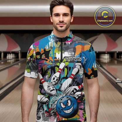 Custom Funny Graffity Bowling Quarter-Zip Shirts For Men, Bowling Team Shirt IPHW9381