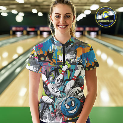 Custom Funny Graffity Bowling Quarter-Zip Shirts For Women, Bowling Team Shirt IPHW9381