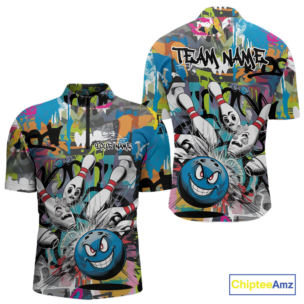 Custom Funny Graffity Bowling Quarter-Zip Shirts For Men, Bowling Team Shirt IPHW9381
