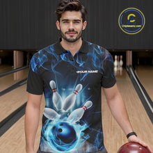 Load image into Gallery viewer, Custom Black And Blue Flame Bowling Team Polo Shirts For Men, Fire Bowling League Shirt IPHW9386