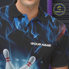 Load image into Gallery viewer, Custom Black And Blue Flame Bowling Team Polo Shirts For Men, Fire Bowling League Shirt IPHW9386