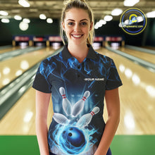 Load image into Gallery viewer, Custom Black And Blue Flame Bowling Team Polo Shirts For Women, Fire Bowling League Shirt IPHW9386