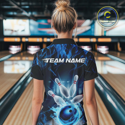 Custom Black And Blue Flame Bowling Team Polo Shirts For Women, Fire Bowling League Shirt IPHW9386