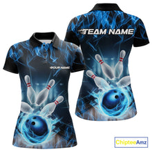 Load image into Gallery viewer, Custom Black And Blue Flame Bowling Team Polo Shirts For Women, Fire Bowling League Shirt IPHW9386