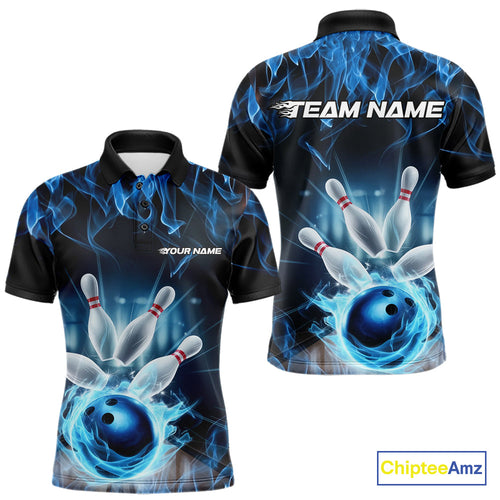 Custom Black And Blue Flame Bowling Team Polo Shirts For Men, Fire Bowling League Shirt IPHW9386