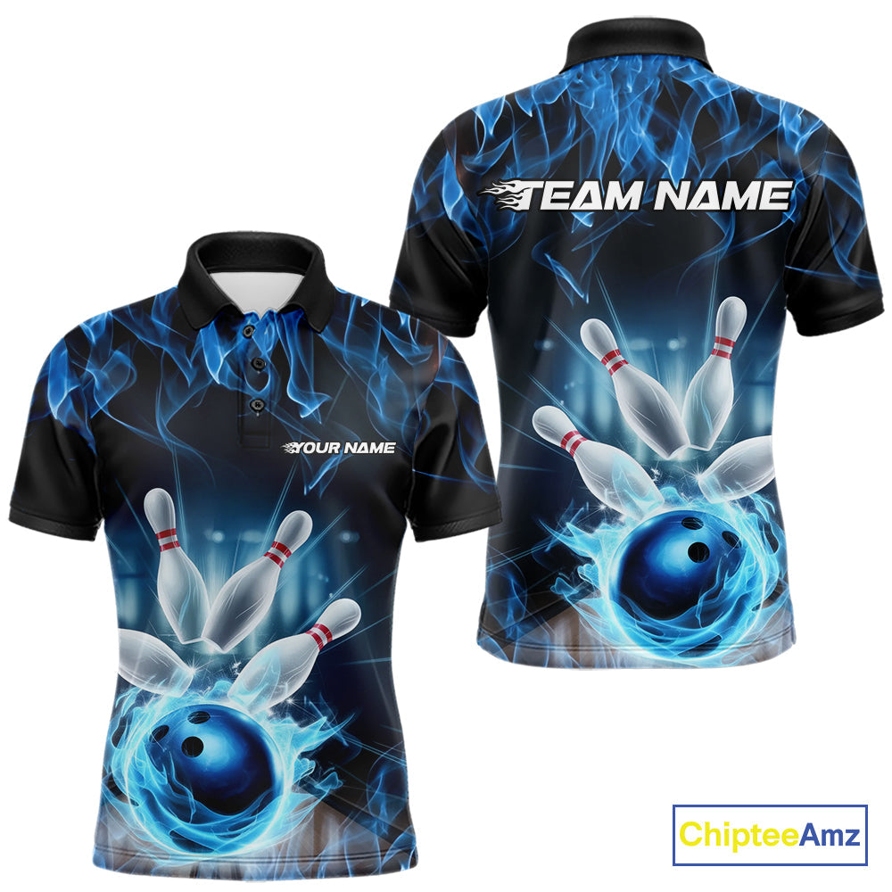 Custom Black And Blue Flame Bowling Team Polo Shirts For Men, Fire Bowling League Shirt IPHW9386
