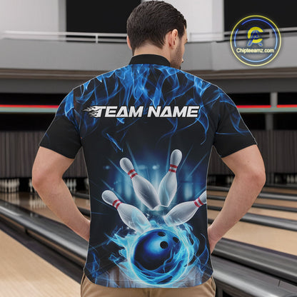 Custom Black And Blue Flame Bowling Team Quarter-Zip Shirts For Men, Fire Bowling League Shirt IPHW9386