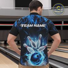 Load image into Gallery viewer, Custom Black And Blue Flame Bowling Team Quarter-Zip Shirts For Men, Fire Bowling League Shirt IPHW9386