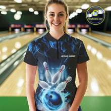 Load image into Gallery viewer, Custom Black And Blue Flame Bowling Women Quarter-Zip Shirts, Fire Bowling League Shirt IPHW9386