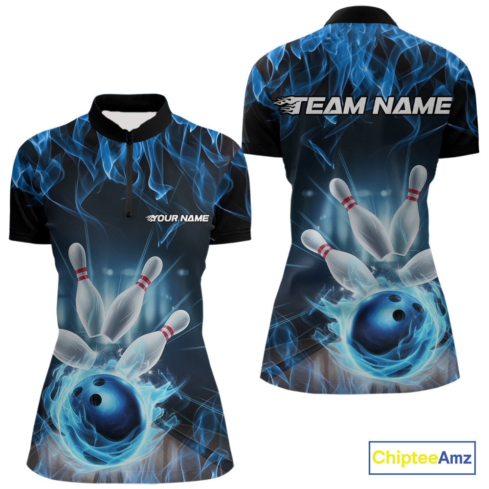 Custom Black And Blue Flame Bowling Women Quarter-Zip Shirts, Fire Bowling League Shirt IPHW9386