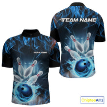 Load image into Gallery viewer, Custom Black And Blue Flame Bowling Team Quarter-Zip Shirts For Men, Fire Bowling League Shirt IPHW9386