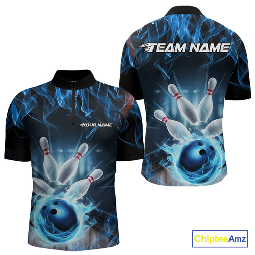 Custom Black And Blue Flame Bowling Team Quarter-Zip Shirts For Men, Fire Bowling League Shirt IPHW9386