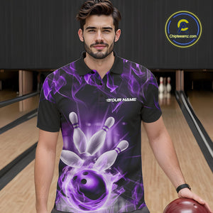 Custom Black And Purple Flame Bowling Team Polo Shirts For Men, Fire Bowling League Shirt IPHW9387