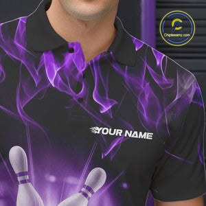 Custom Black And Purple Flame Bowling Team Polo Shirts For Men, Fire Bowling League Shirt IPHW9387