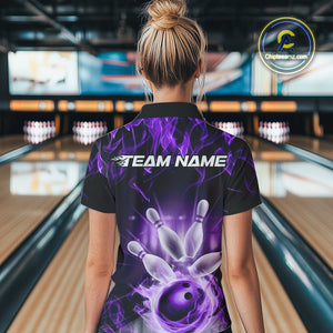 Custom Black And Purple Flame Bowling Team Women Polo Shirts, Fire Bowling League Shirt IPHW9387