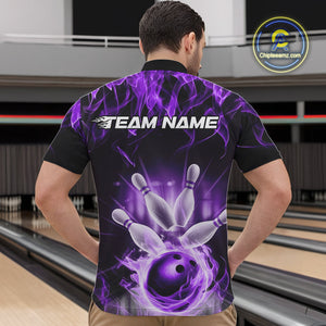 Custom Black And Purple Flame Bowling Team Quarter-Zip Shirts For Men, Fire Bowling League Shirt IPHW9387