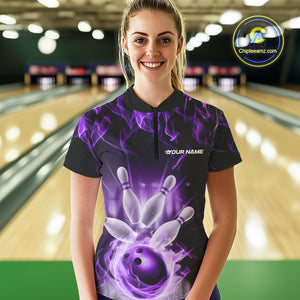 Custom Black And Purple Flame Bowling Women Quarter-Zip Shirts, Fire Bowling League Shirt IPHW9387