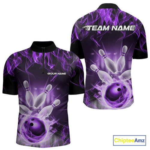 Custom Black And Purple Flame Bowling Team Quarter-Zip Shirts For Men, Fire Bowling League Shirt IPHW9387