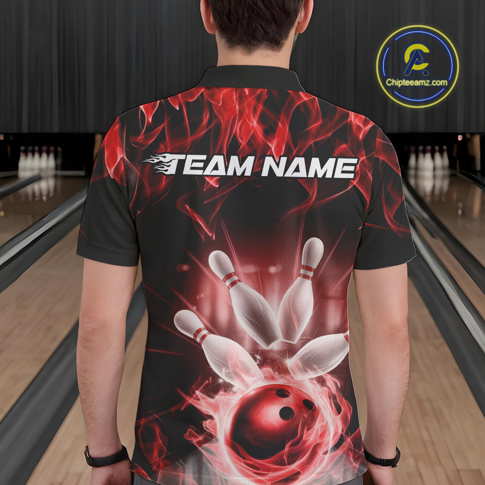Custom Black And Red Flame Bowling Team Polo Shirts For Men, Fire Bowling League Shirt IPHW9388