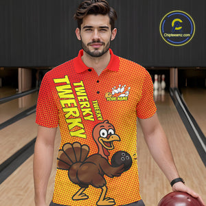 Custom Funny Twerky Turkey Bowling Polo Shirts For Men, Thanksgiving Bowling Shirt IPHW9764