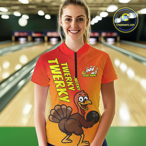 Custom Funny Twerky Turkey Bowling Women Quarter-Zip Shirts, Thanksgiving Bowling Shirt IPHW9764