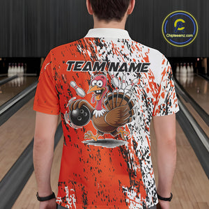Custom Funny Orange Thanksgiving Turkey Bowling Men Polo Shirts, Turkey Bowling Jerseys IPHW9765