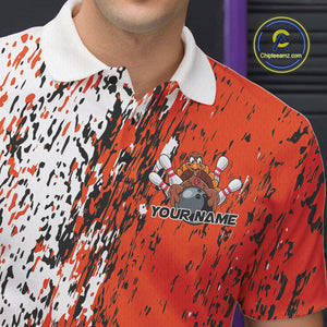 Custom Funny Orange Thanksgiving Turkey Bowling Men Polo Shirts, Turkey Bowling Jerseys IPHW9765