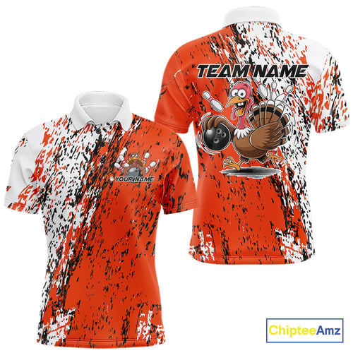 Custom Funny Orange Thanksgiving Turkey Bowling Men Polo Shirts, Turkey Bowling Jerseys IPHW9765
