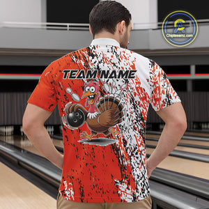 Custom Funny Orange Thanksgiving Turkey Bowling Men Quarter-Zip Shirts, Turkey Bowling Jerseys IPHW9765