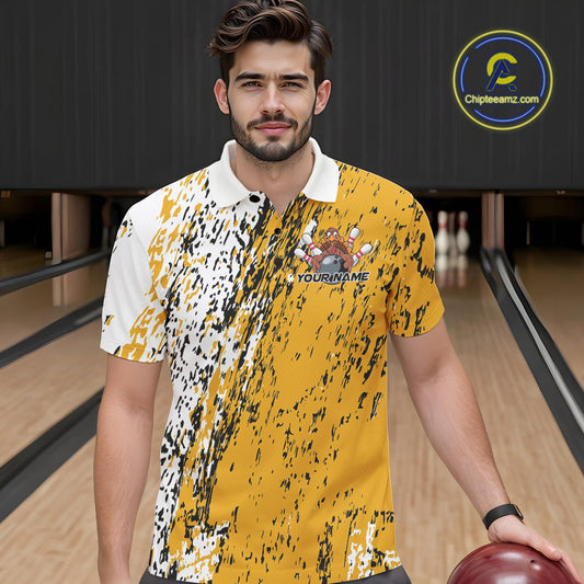 Custom Funny Yellow Thanksgiving Turkey Bowling Men Polo Shirts, Turkey Bowling Jerseys IPHW9766
