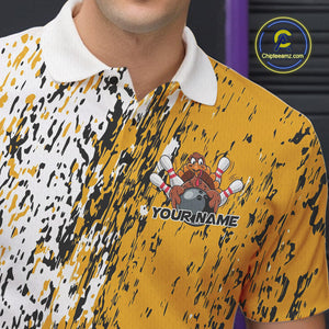 Custom Funny Yellow Thanksgiving Turkey Bowling Men Polo Shirts, Turkey Bowling Jerseys IPHW9766