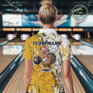 Custom Funny Yellow Thanksgiving Turkey Bowling Women Quarter-Zip Shirts, Bowling Jersey IPHW9766