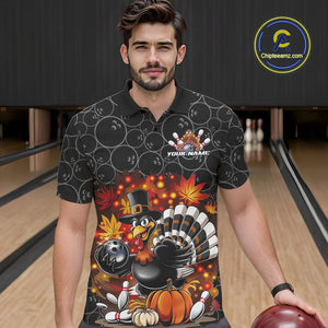 Custom Funny Thanksgiving Turkey Bowling Men Polo Shirts, Autumn Bowling Shirt IPHW9771