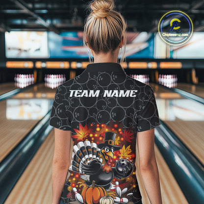 Custom Funny Thanksgiving Turkey Bowling Women Polo Shirts, Autumn Bowling Shirt IPHW9771