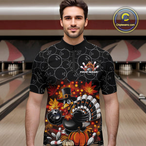 Custom Funny Thanksgiving Turkey Bowling Men Quarter-Zip Shirts, Autumn Bowling Shirt IPHW9771