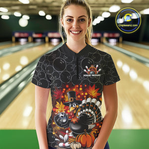 Custom Funny Thanksgiving Turkey Bowling Women Quarter-Zip Shirts, Autumn Bowling Shirt IPHW9771
