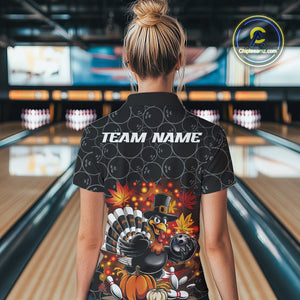 Custom Funny Thanksgiving Turkey Bowling Women Quarter-Zip Shirts, Autumn Bowling Shirt IPHW9771