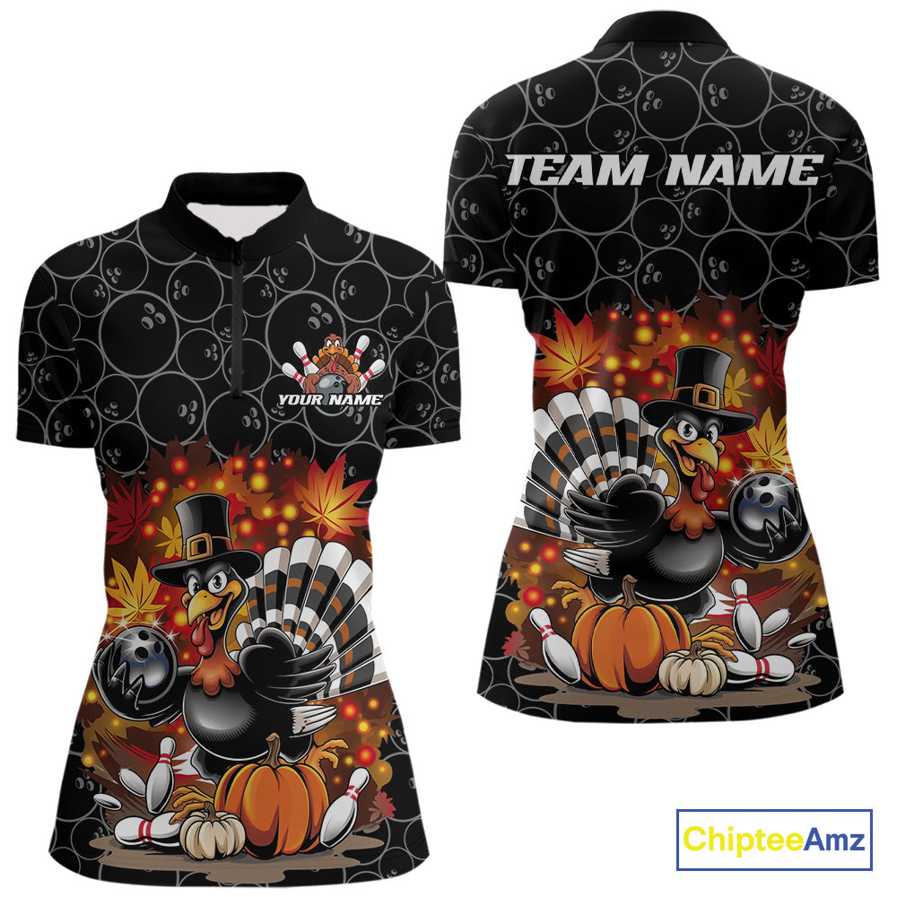 Custom Funny Thanksgiving Turkey Bowling Women Quarter-Zip Shirts, Autumn Bowling Shirt IPHW9771