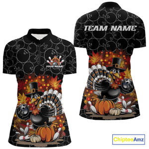 Custom Funny Thanksgiving Turkey Bowling Women Quarter-Zip Shirts, Autumn Bowling Shirt IPHW9771