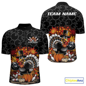 Custom Funny Thanksgiving Turkey Bowling Men Quarter-Zip Shirts, Autumn Bowling Shirt IPHW9771