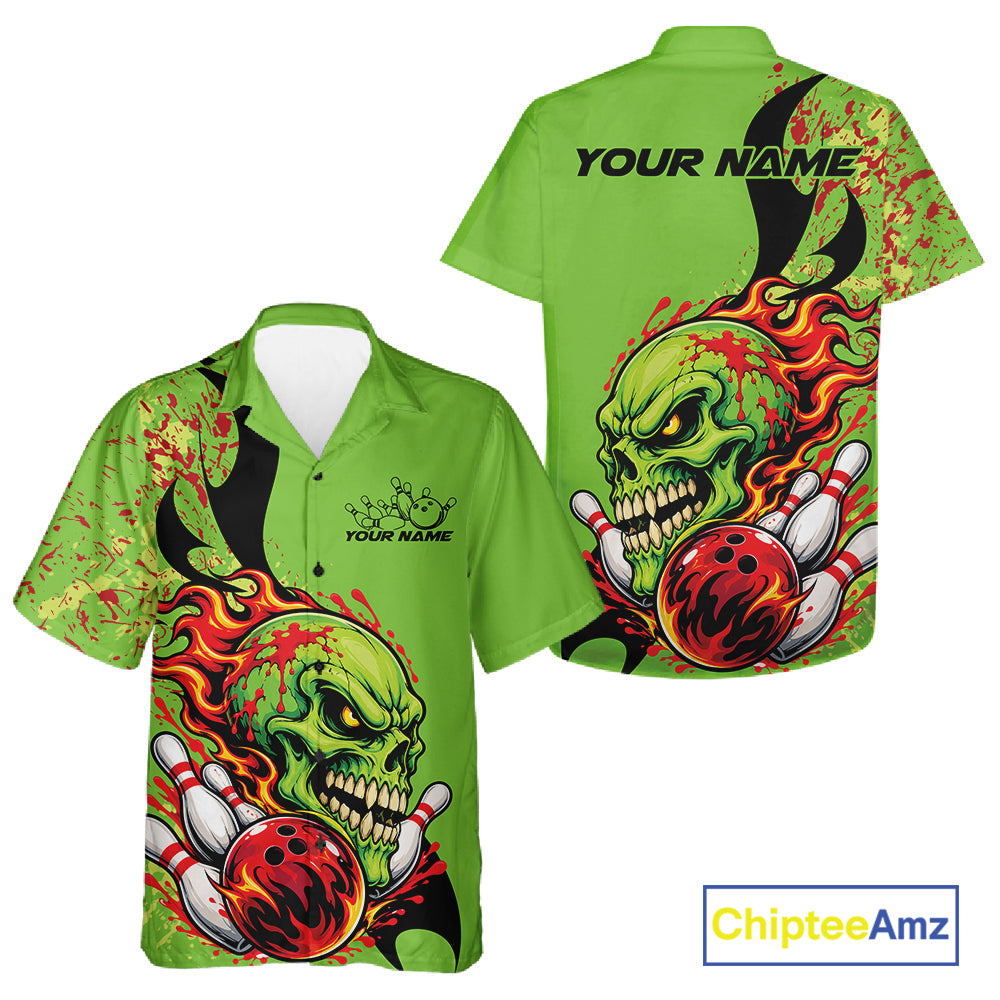 Custom Halloween Flaming Skull Bowling Men And Women Button Up Shirt, Halloween Bowler Outfit IPHW11946