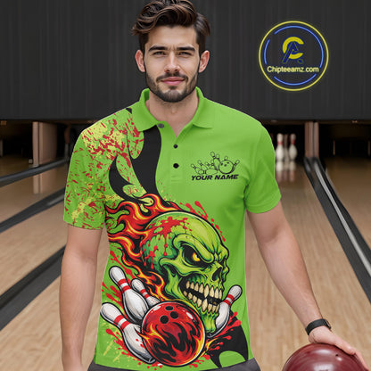 Custom Halloween Flaming Skull Bowling Men Polo Shirt, Halloween Bowler Outfit IPHW11946