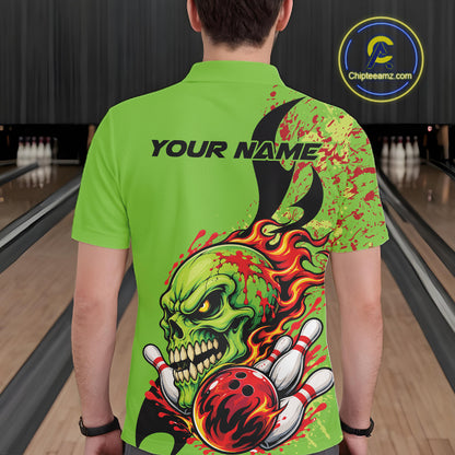 Custom Halloween Flaming Skull Bowling Men Polo Shirt, Halloween Bowler Outfit IPHW11946