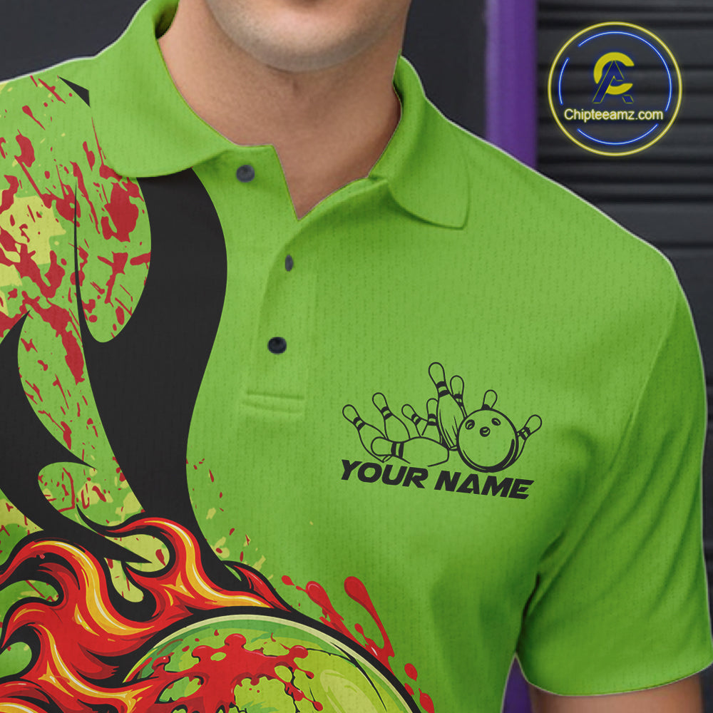 Custom Halloween Flaming Skull Bowling Men Polo Shirt, Halloween Bowler Outfit IPHW11946