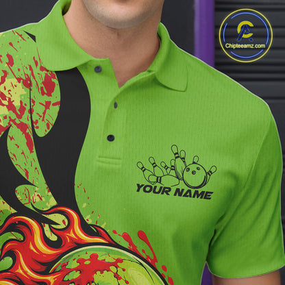 Custom Halloween Flaming Skull Bowling Men Polo Shirt, Halloween Bowler Outfit IPHW11946