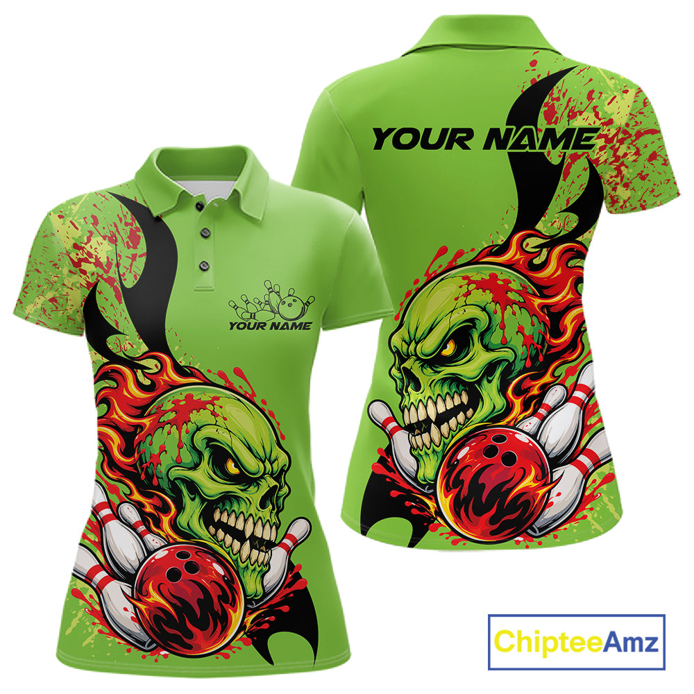 Custom Halloween Flaming Skull Bowling Women Polo Shirt, Halloween Bowler Outfit IPHW11946