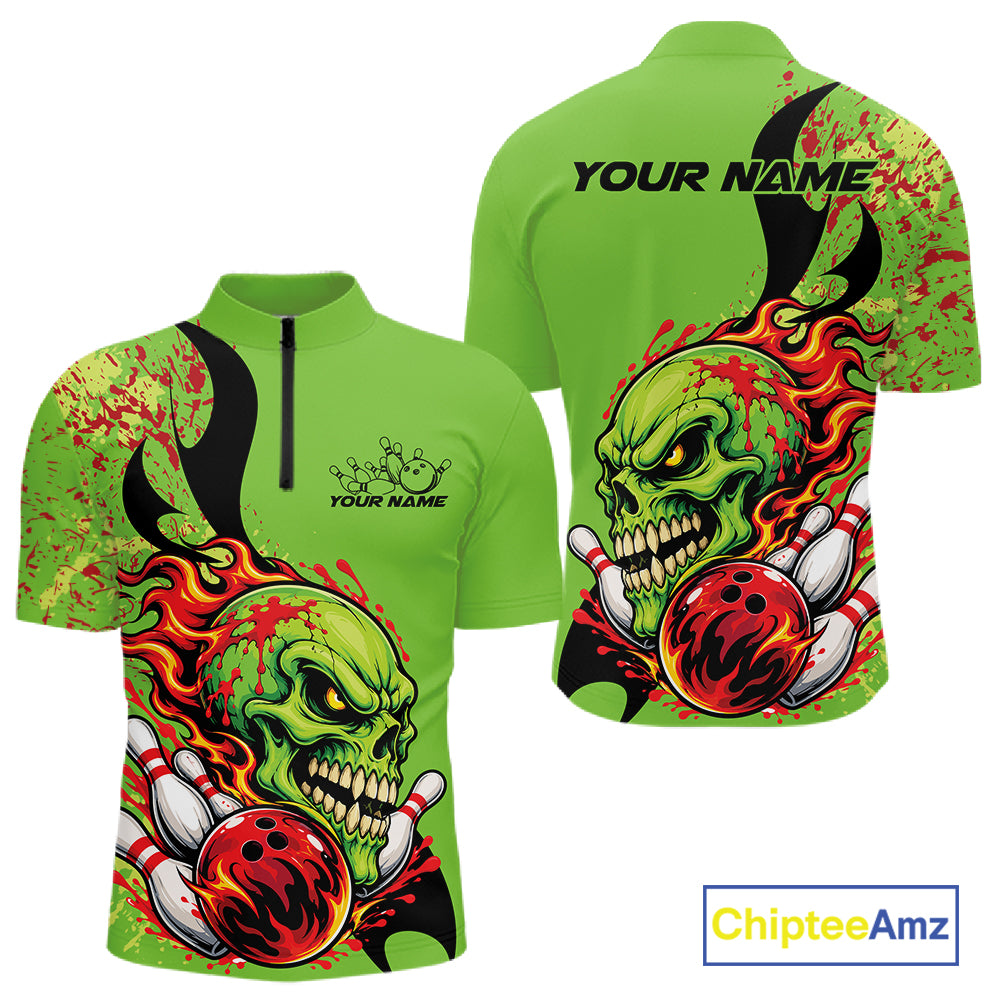 Custom Halloween Flaming Skull Bowling Men Quarter Zip Shirt, Halloween Bowler Outfit IPHW11946