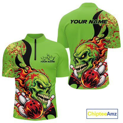 Custom Halloween Flaming Skull Bowling Men Quarter Zip Shirt, Halloween Bowler Outfit IPHW11946